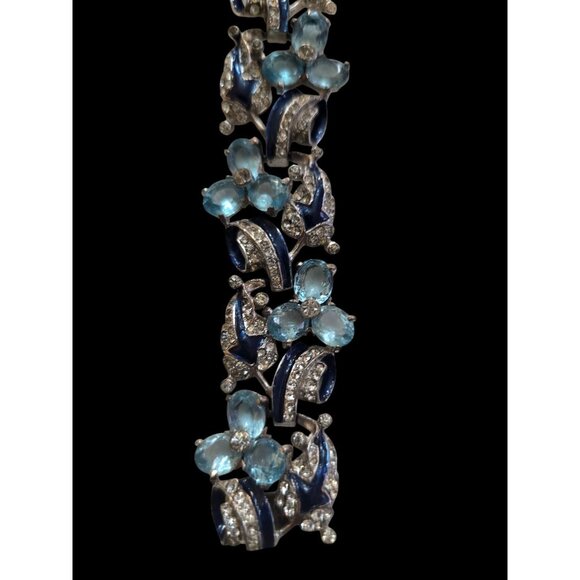 Vintage 1930s Rhodium-Plated Blue Enamel Trillium Bracelet Attributed to Mazer - Picture 4 of 13